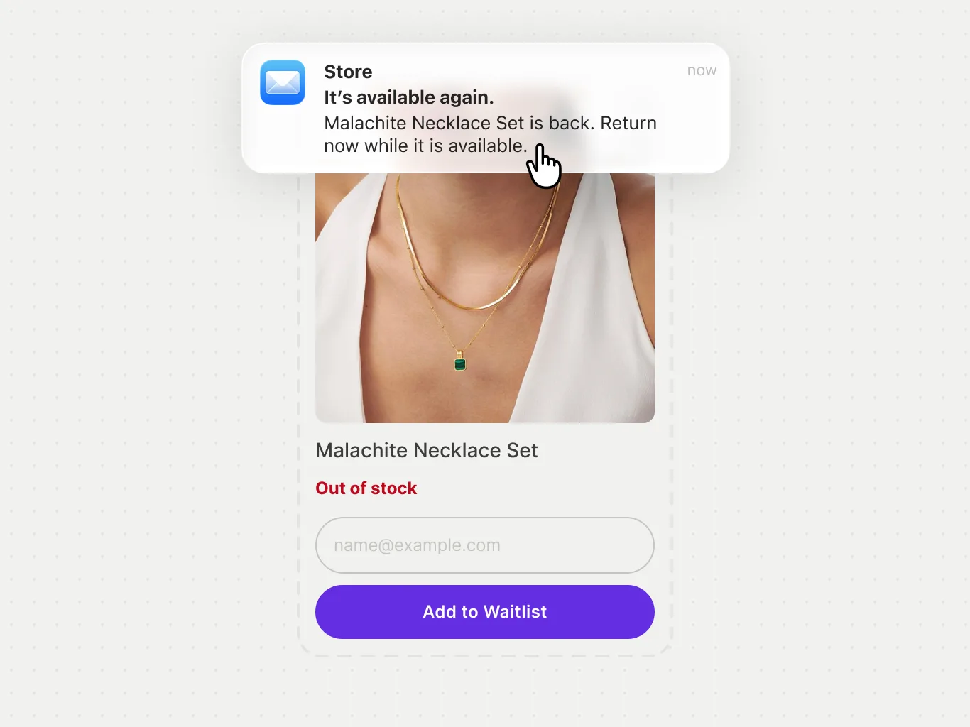 Out-of-stock product with an Add to Waitlist form and a back-in-stock notification