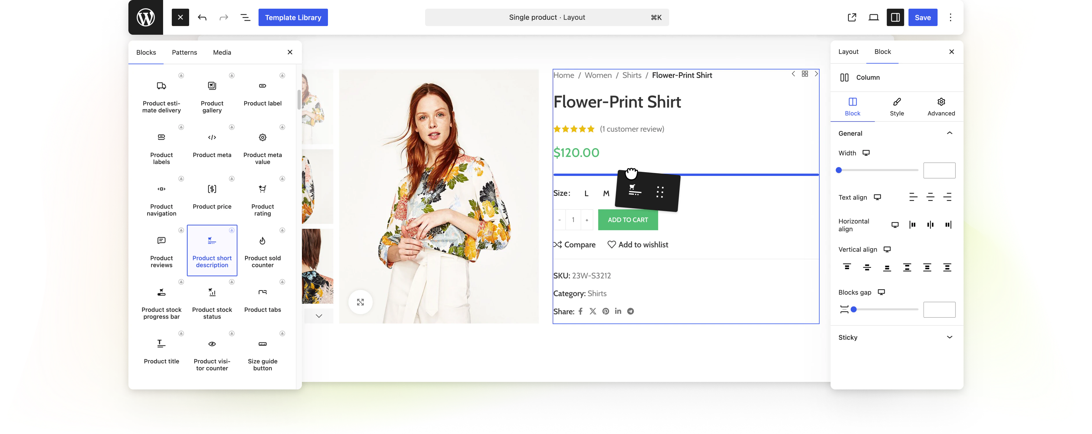 WoodMart single product layout being edited in the WordPress block editor
