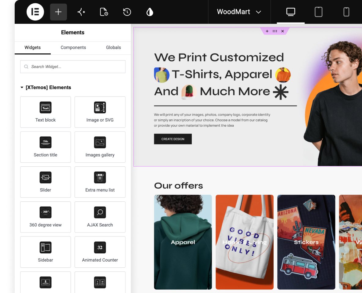WoodMart ecommerce widgets inside the Elementor editor