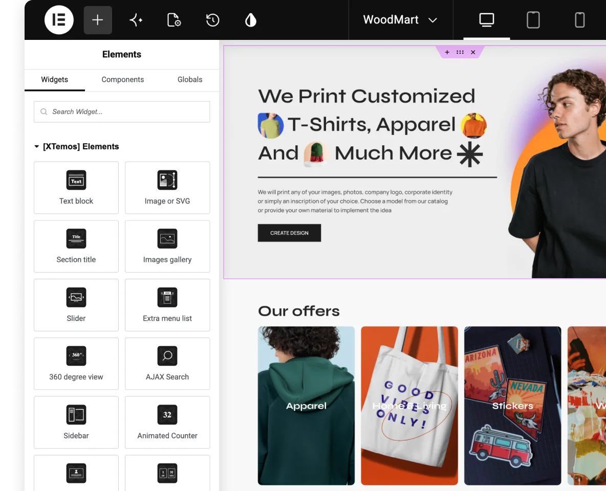 WoodMart ecommerce widgets inside the Elementor editor