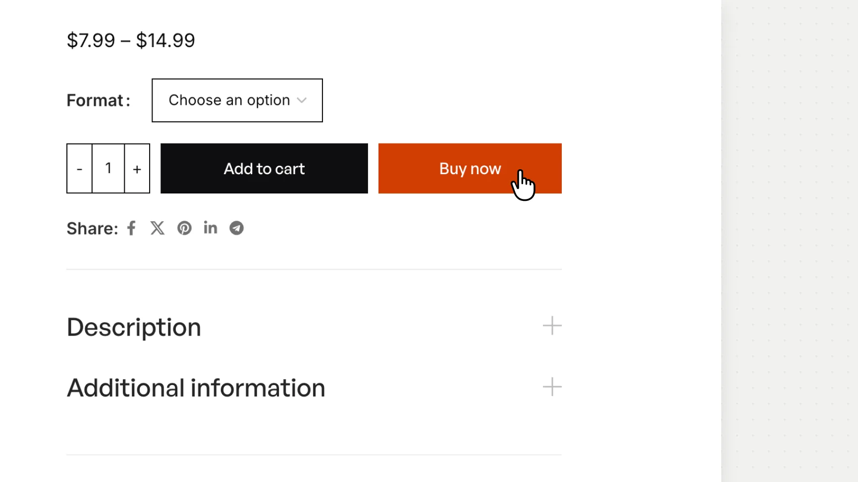 Product options with a buy now button next to add to cart