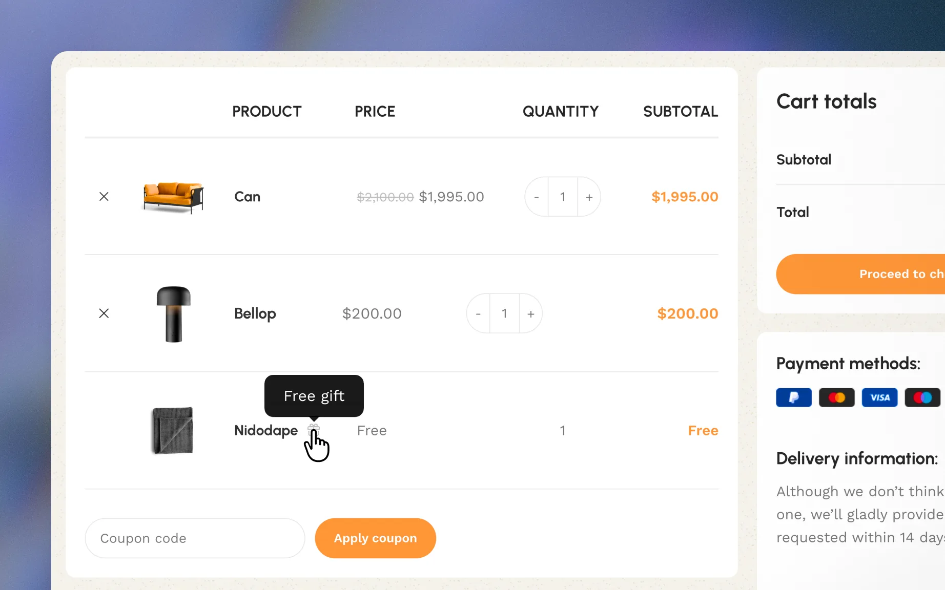 Cart with a free gift added automatically once the order reached the gift threshold