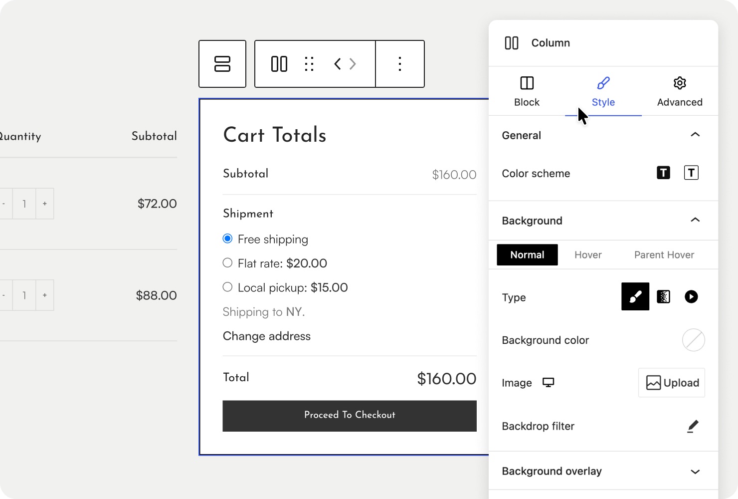 Cart page layout being built with WoodMart cart elements