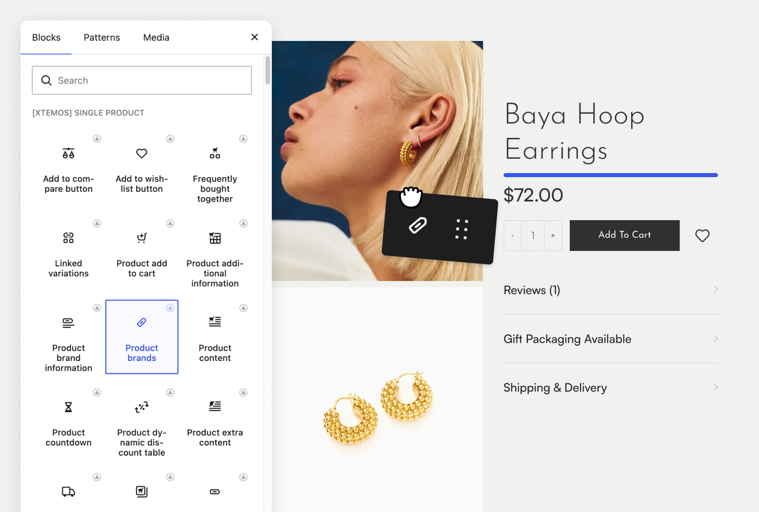 Single product builder with WoodMart product elements in the block editor
