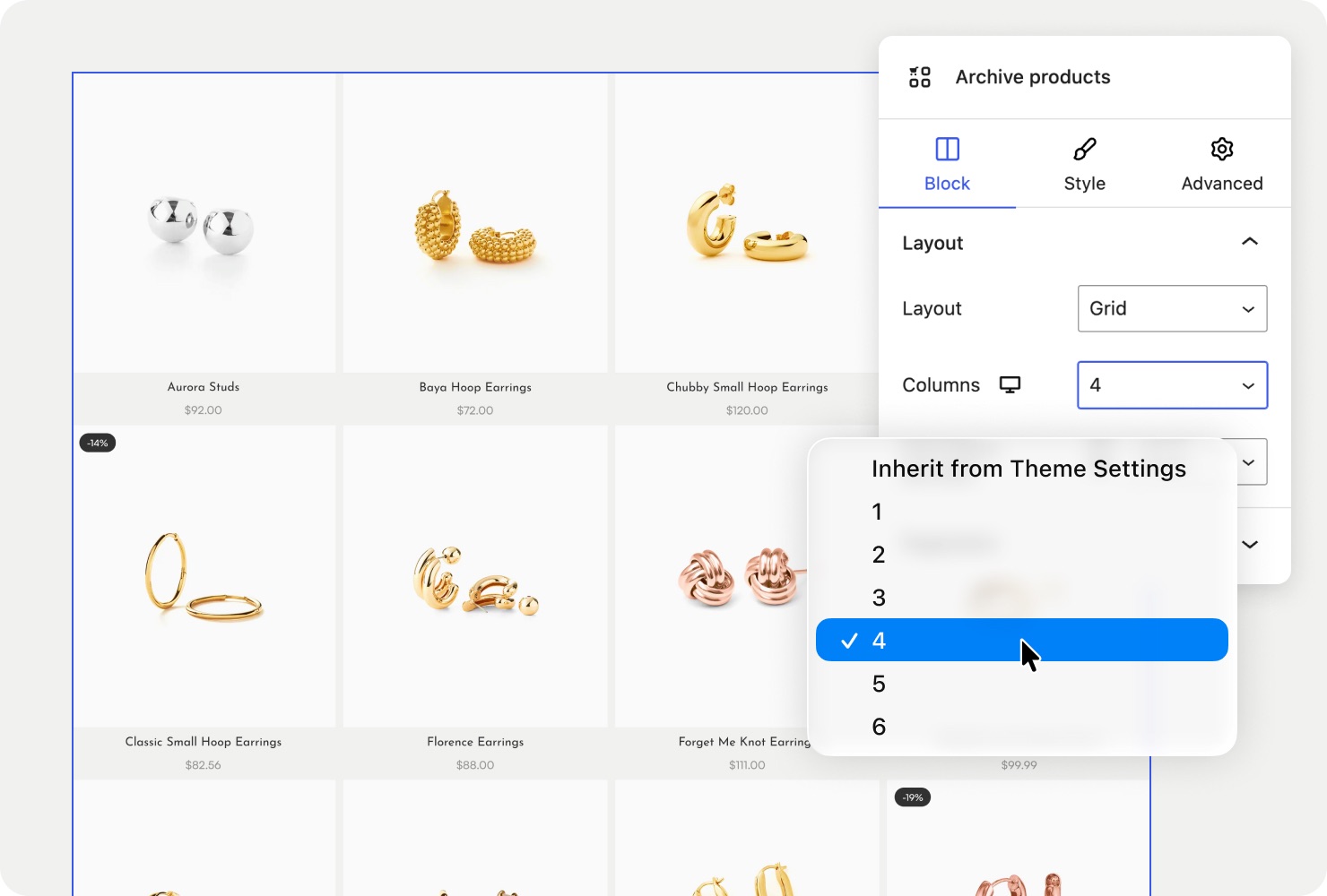 Shop archive layout being built with WoodMart product grid elements