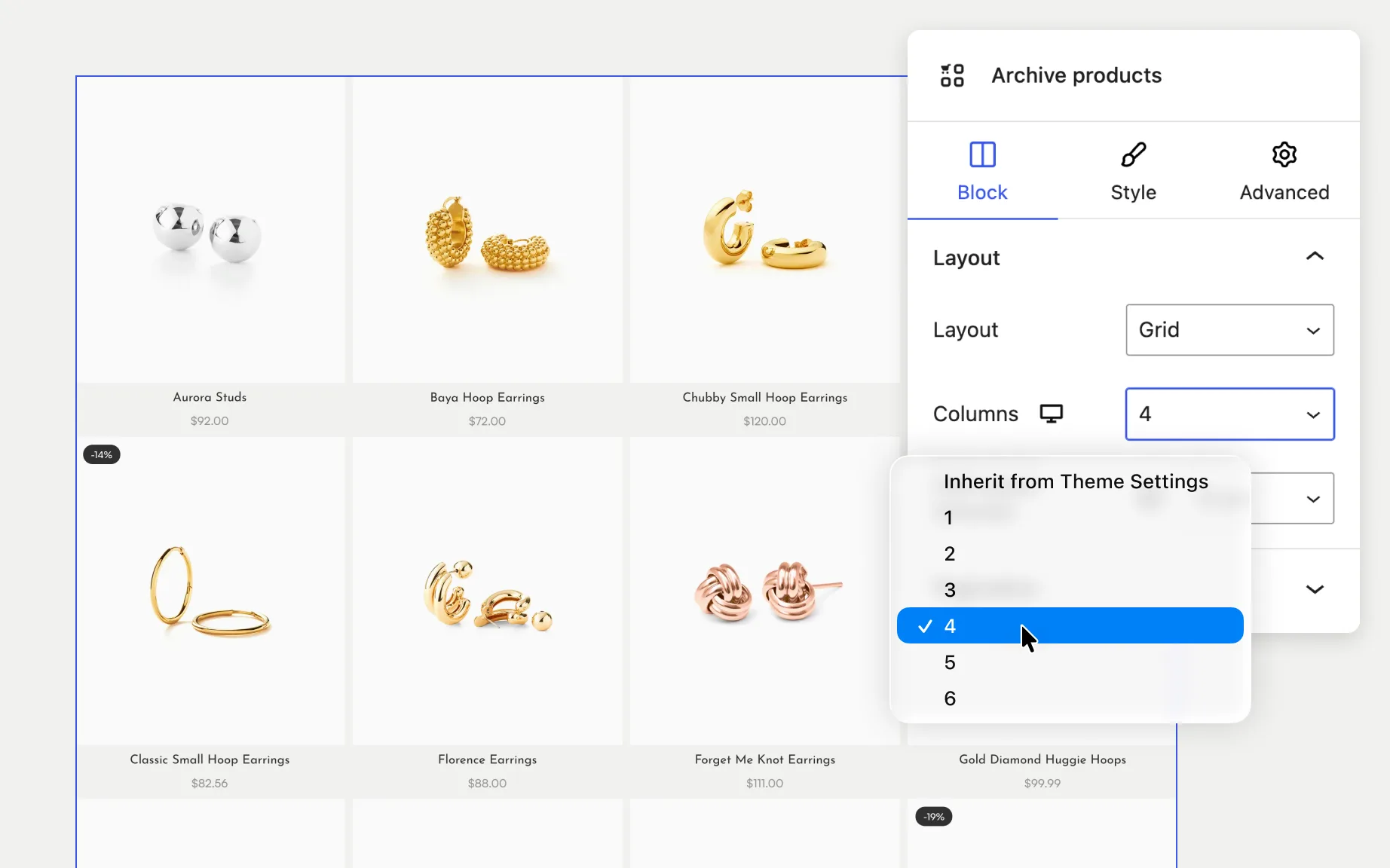 Shop archive layout being built with WoodMart product grid elements