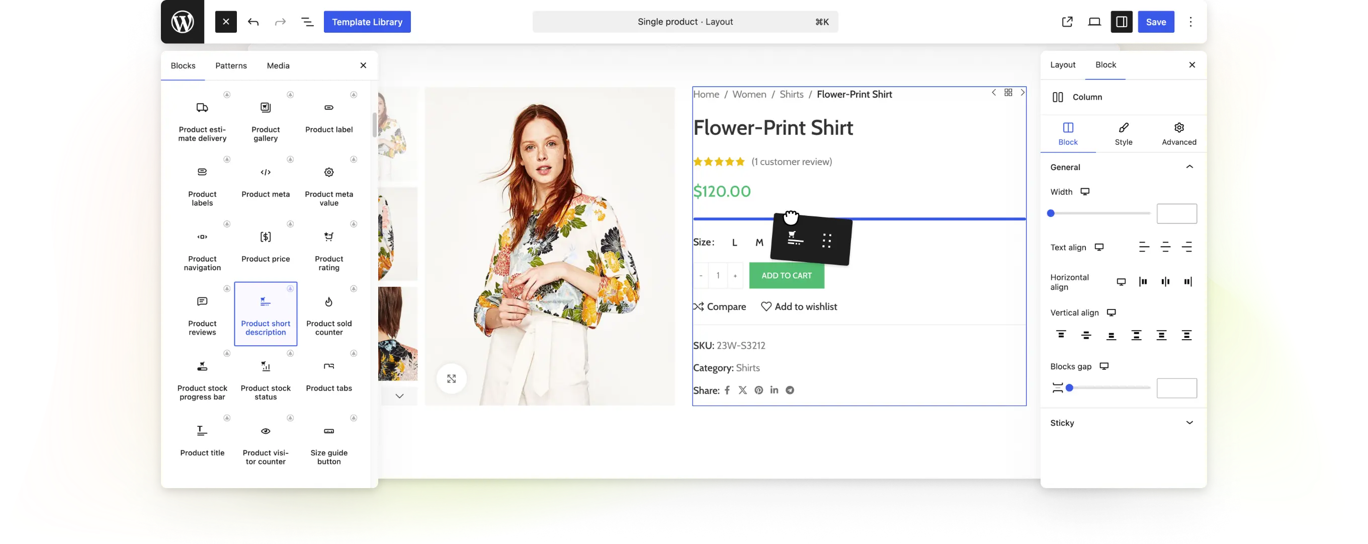WoodMart single product layout being edited in the WordPress block editor