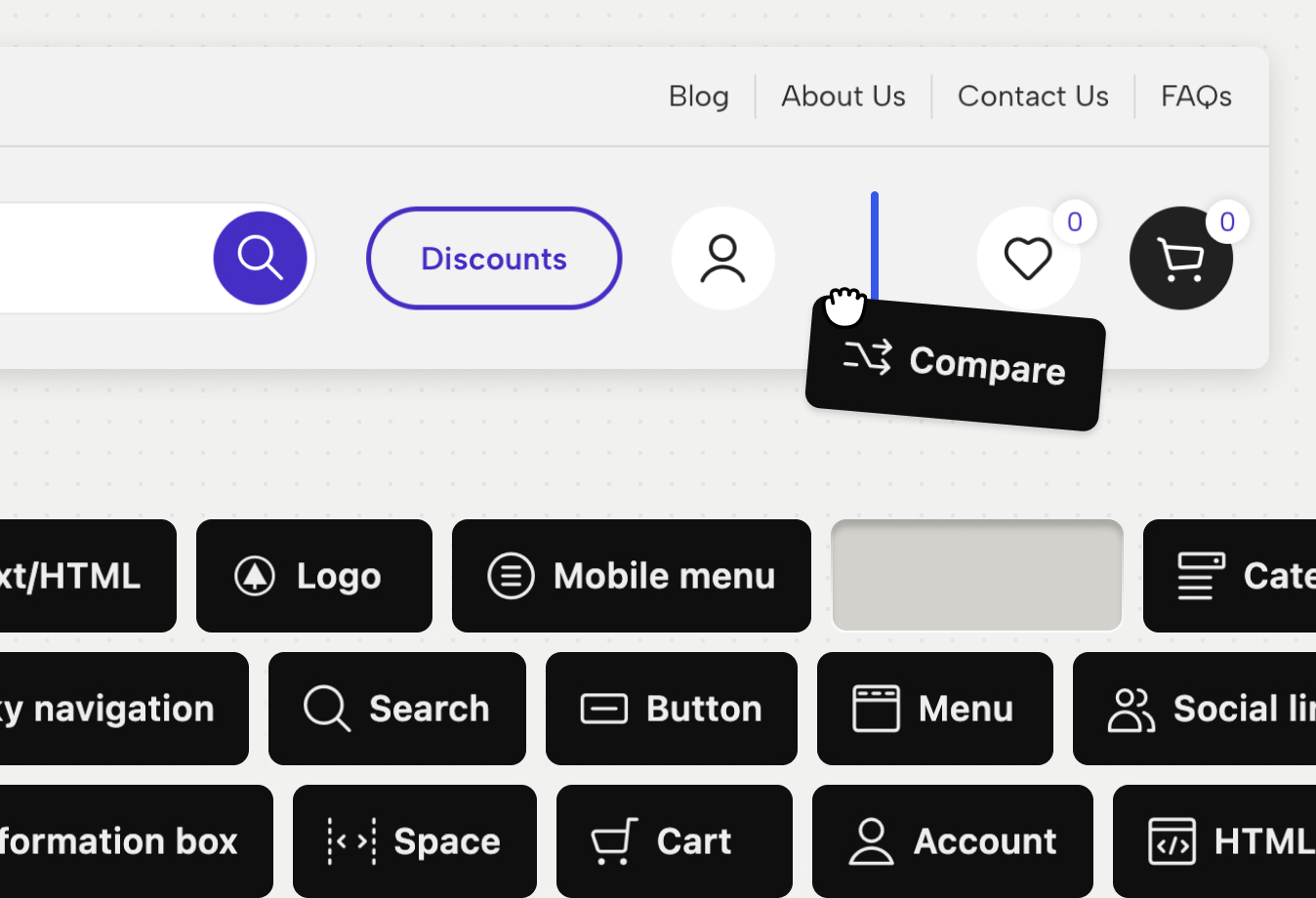 Drag-and-drop header editor with logo, menu, search, cart and account elements