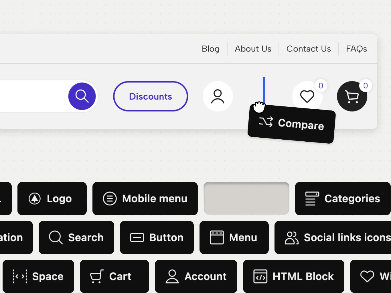 Drag-and-drop header editor with logo, menu, search, cart and account elements