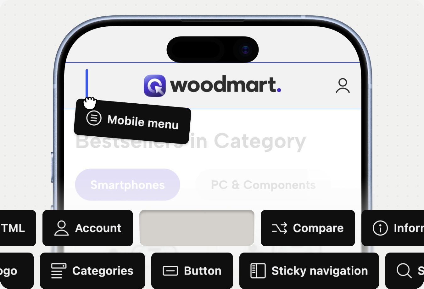 Mobile header being assembled from WoodMart header elements