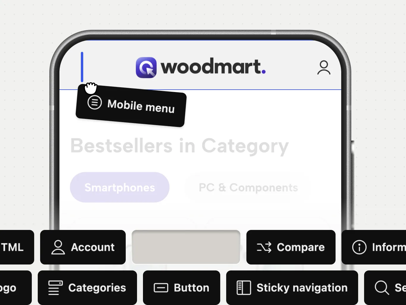 Mobile header being assembled from WoodMart header elements