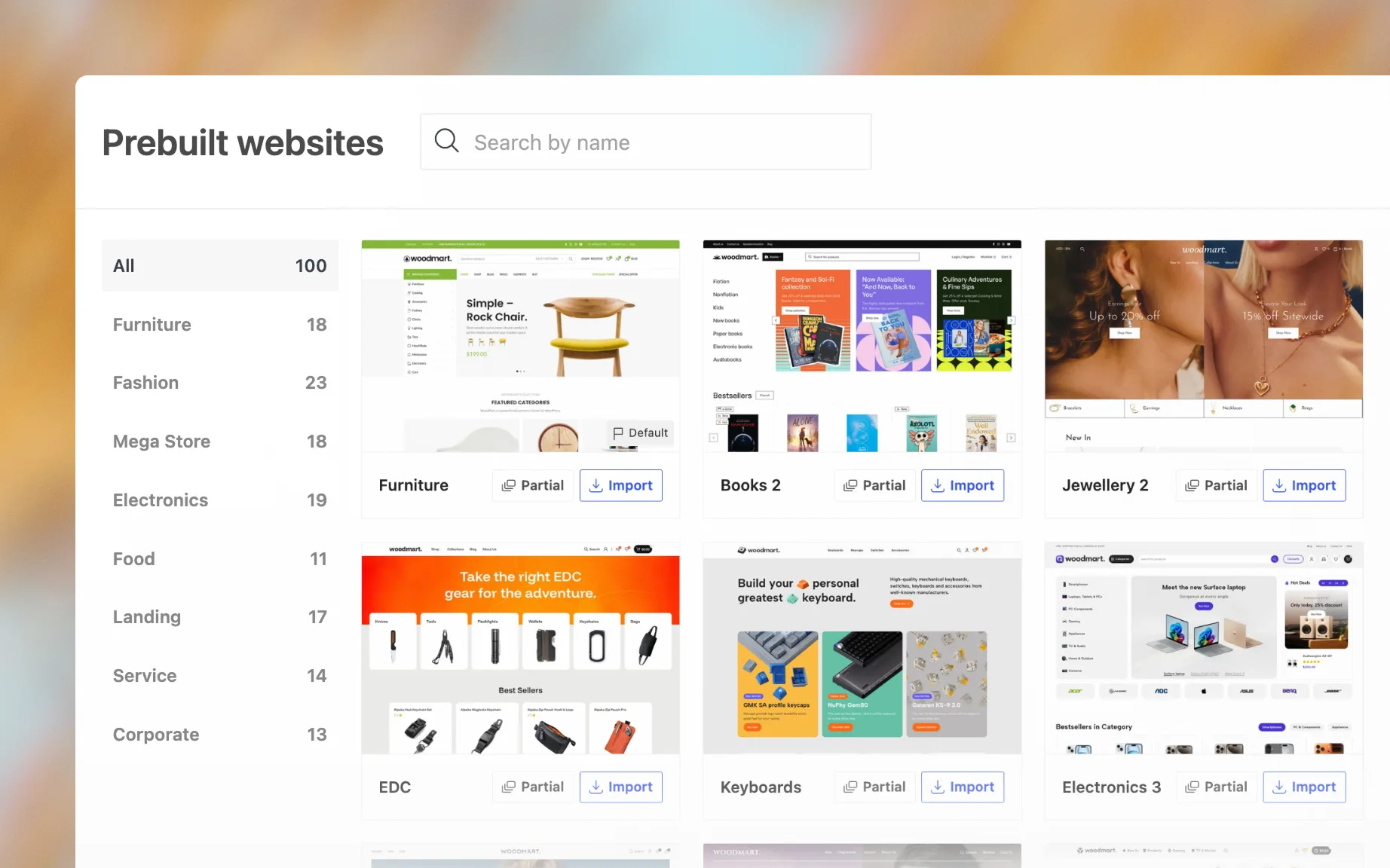 Prebuilt websites library filtered by category, with import and partial import buttons