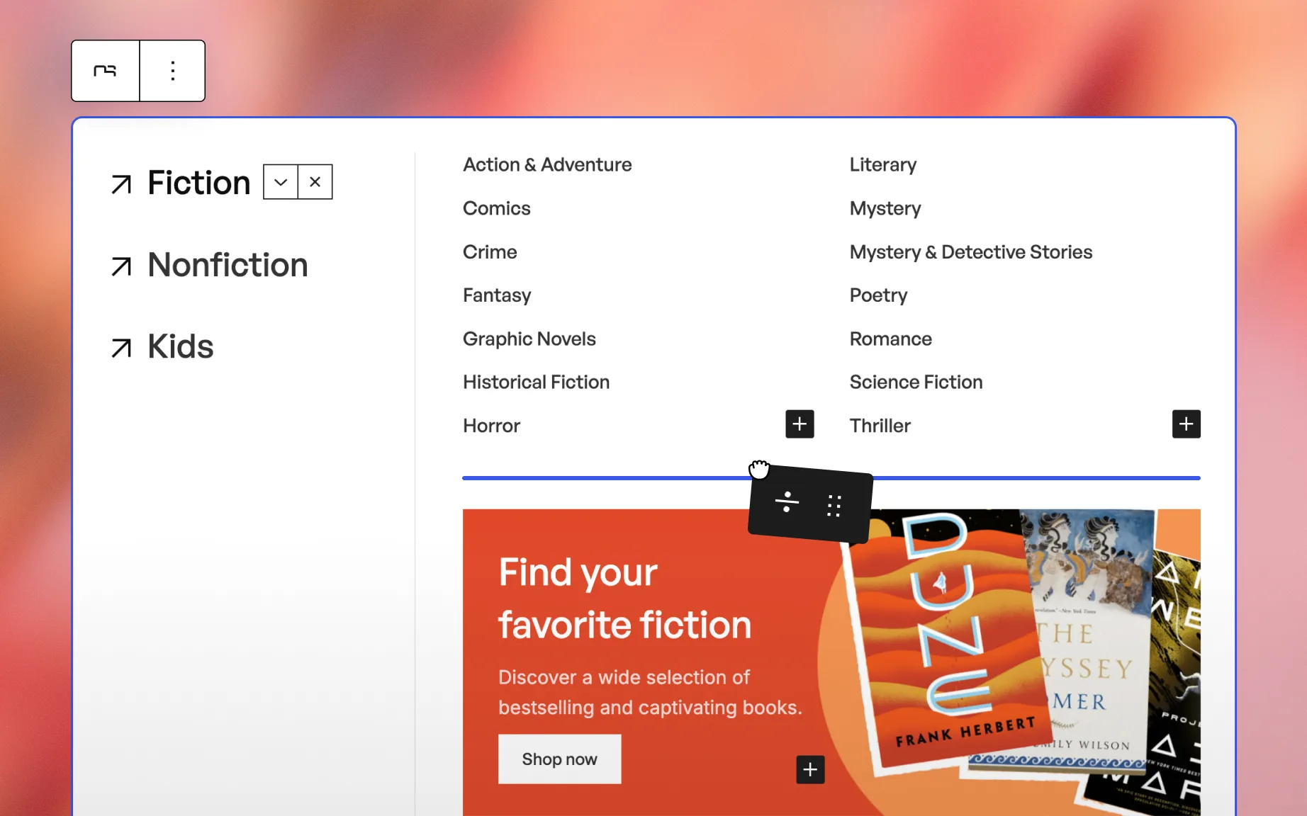 Mega menu being edited visually, with category columns and a promo banner