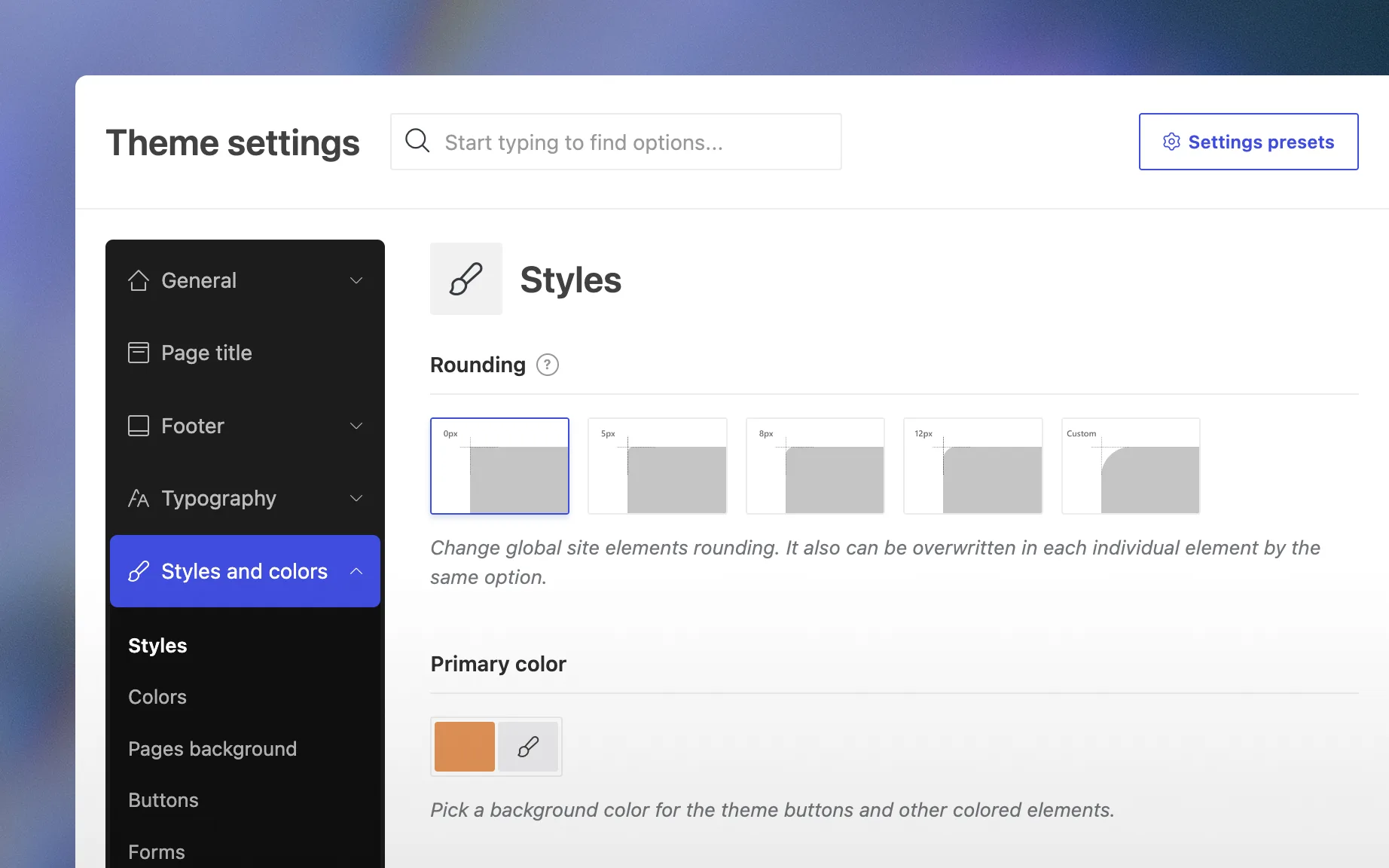 WoodMart theme settings panel with rounding and primary color options
