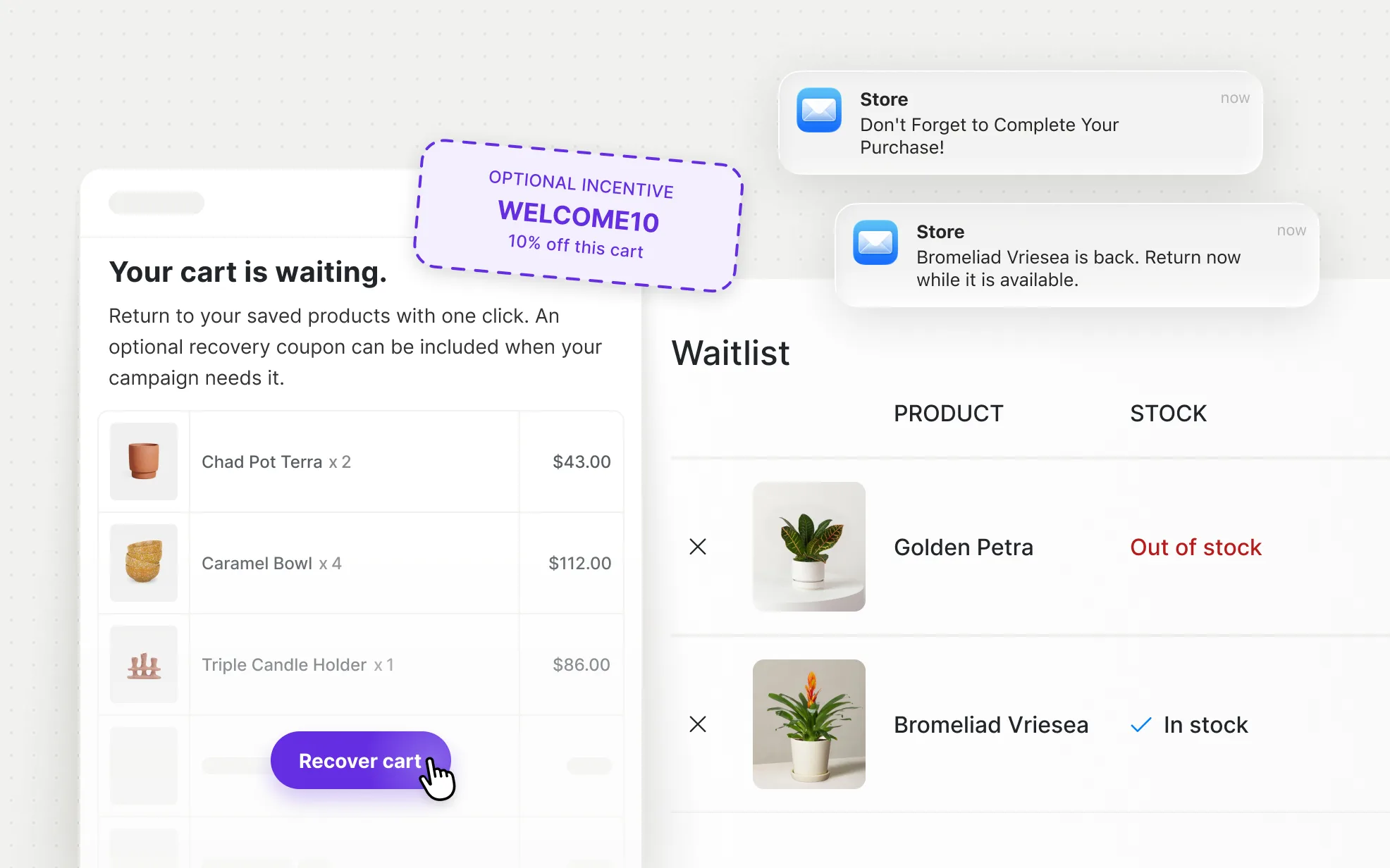 Cart recovery reminder with a coupon next to a back-in-stock waitlist