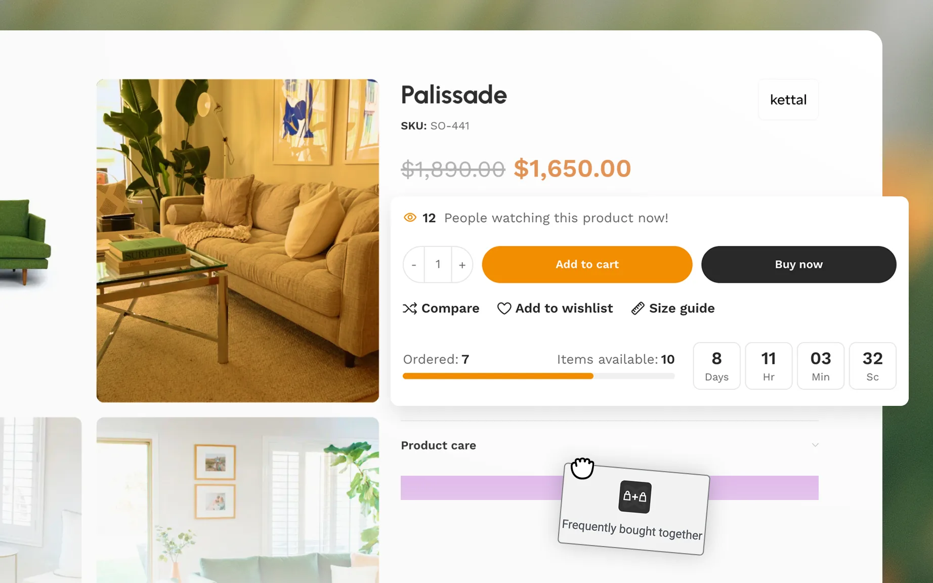 Product page with a stock countdown, buy-now button and size guide