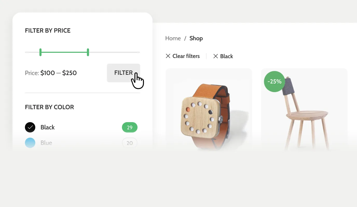Shop page with AJAX filters by price, color and brand next to the product grid