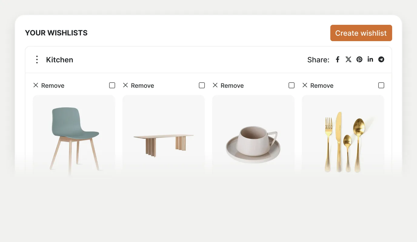 Wishlist page with saved products ready to add to cart