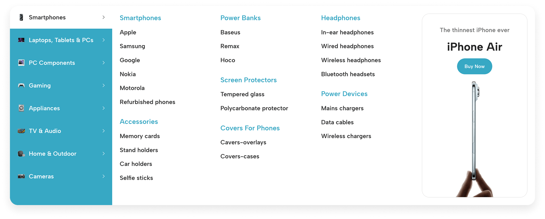 Electronics mega menu with category tree and promo banner