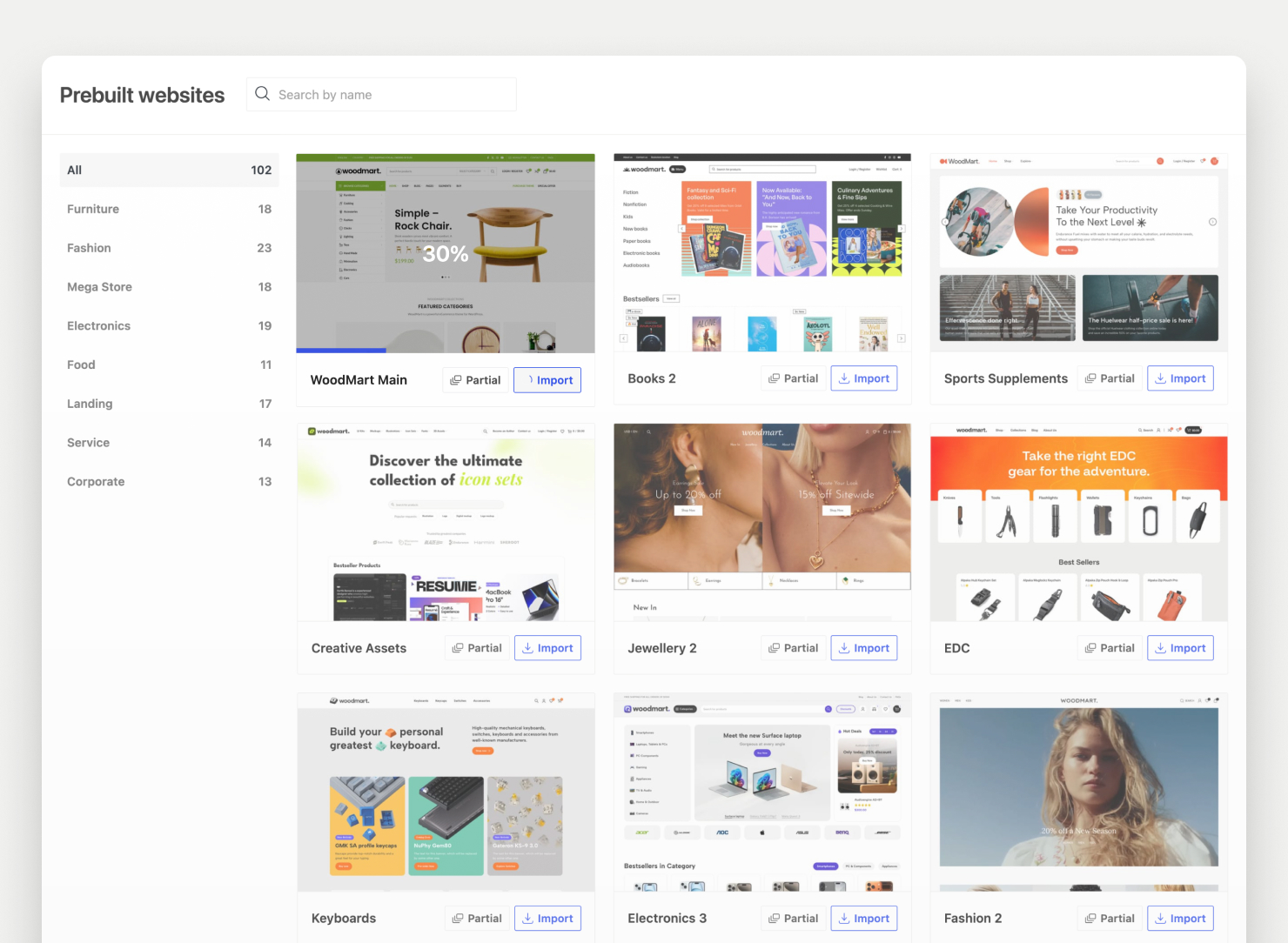 Prebuilt websites library with one-click import for each demo