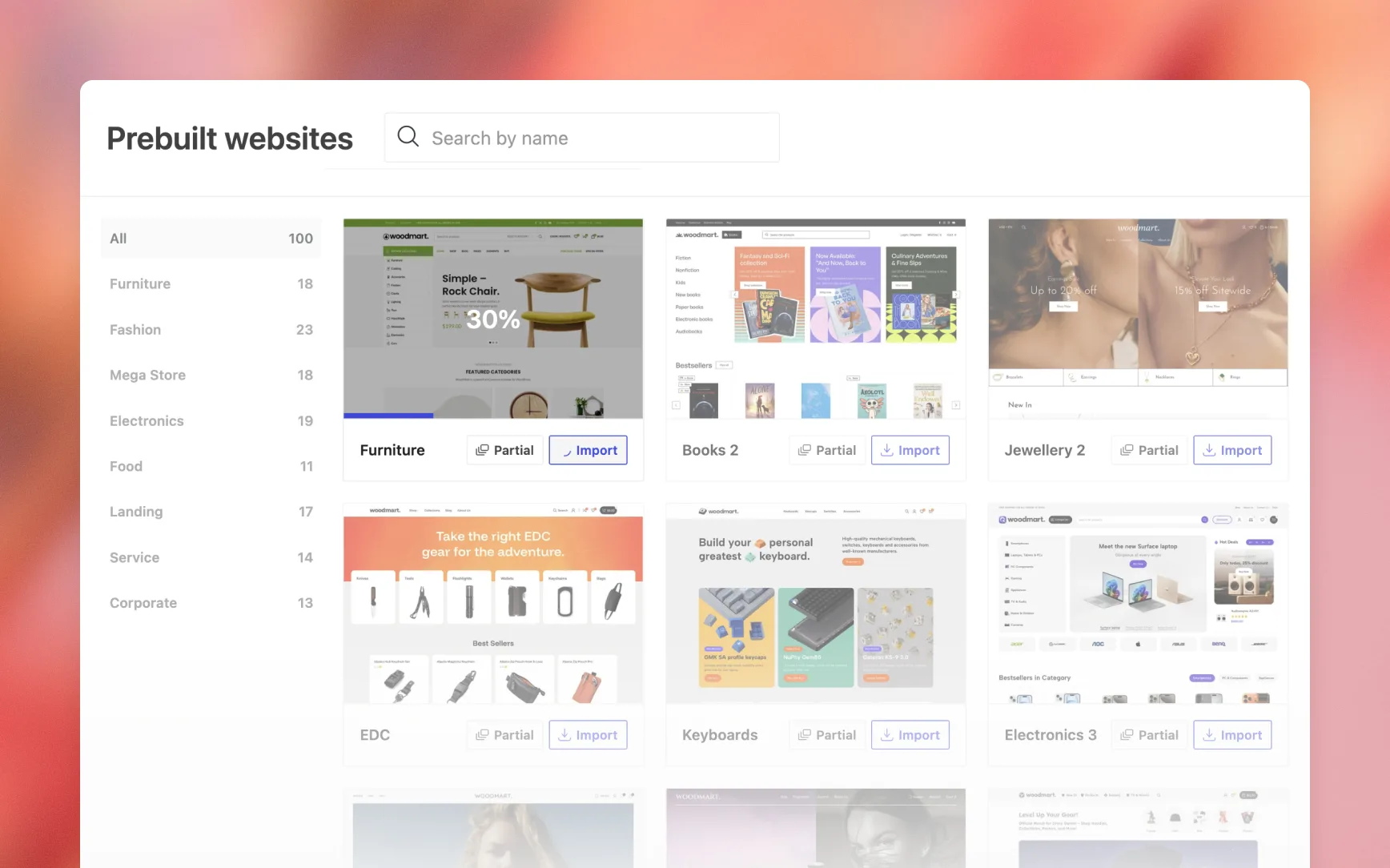 Prebuilt websites library with one-click import for each demo