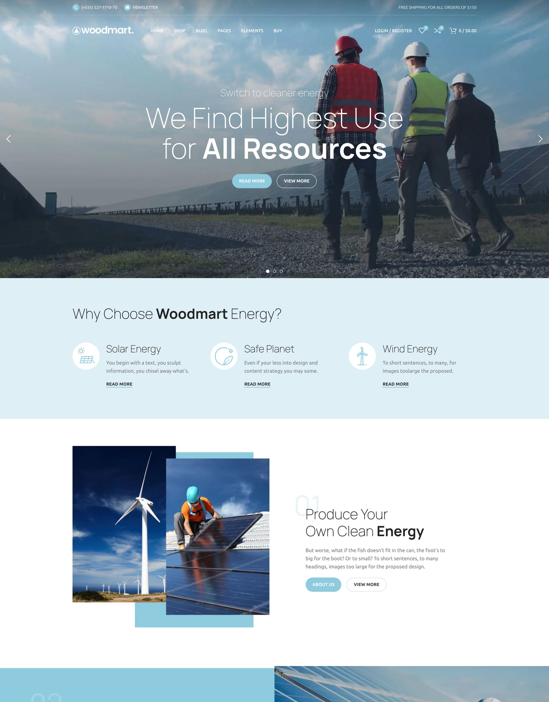 Alternative Energy demo home page: Solar energy WordPress theme