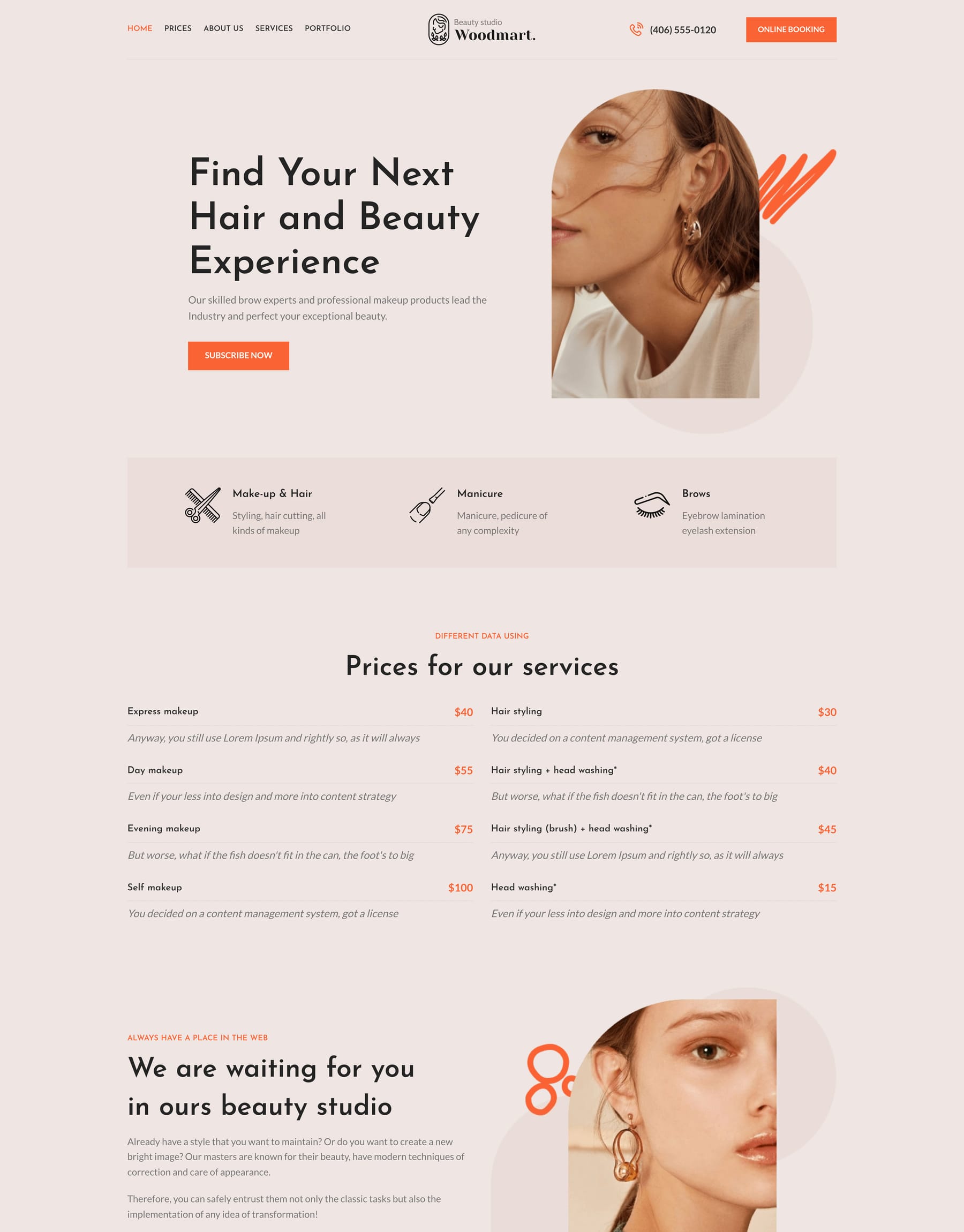 Beauty demo home page: Beauty salon WordPress theme