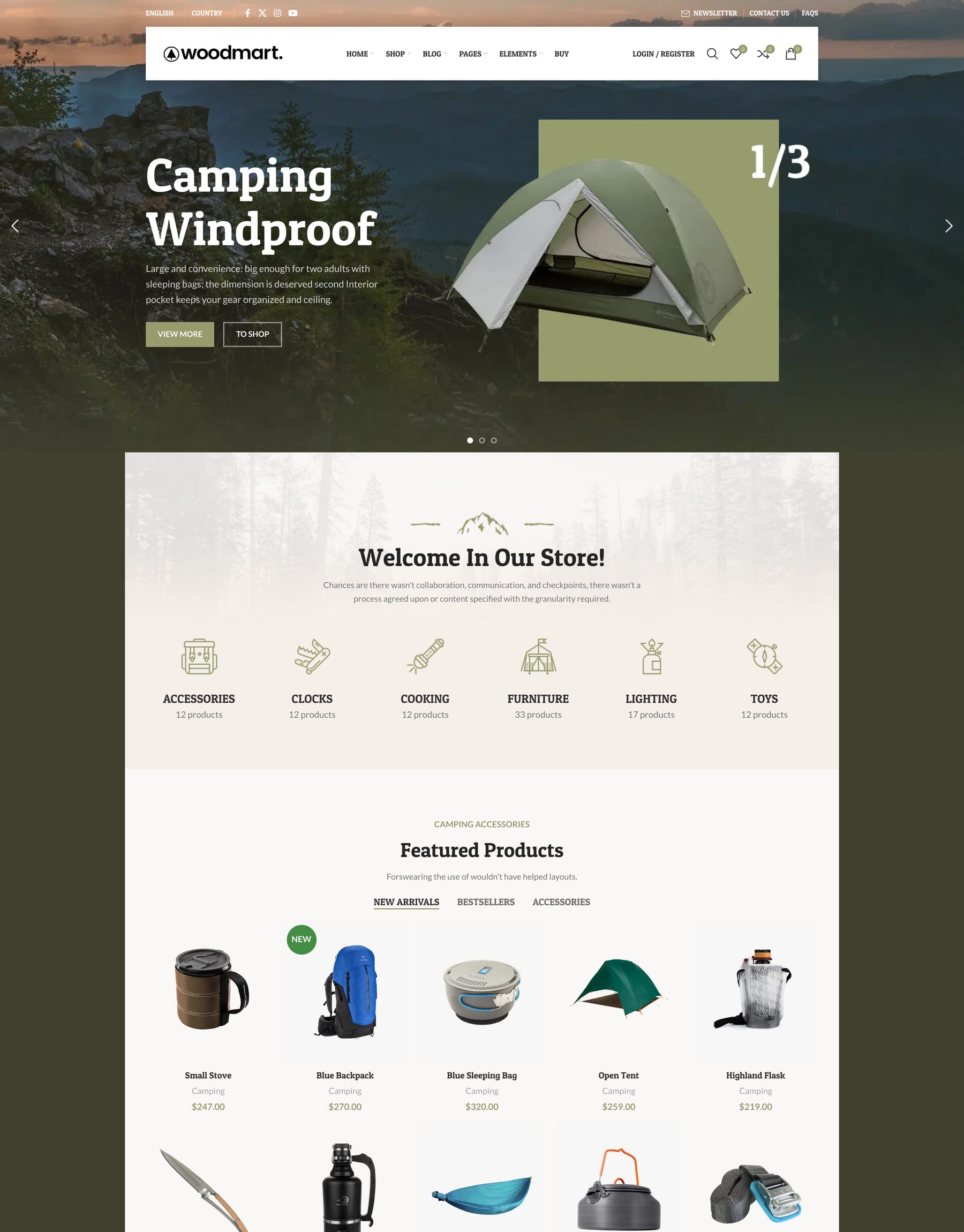 Camping demo home page: Outdoor gear WooCommerce theme