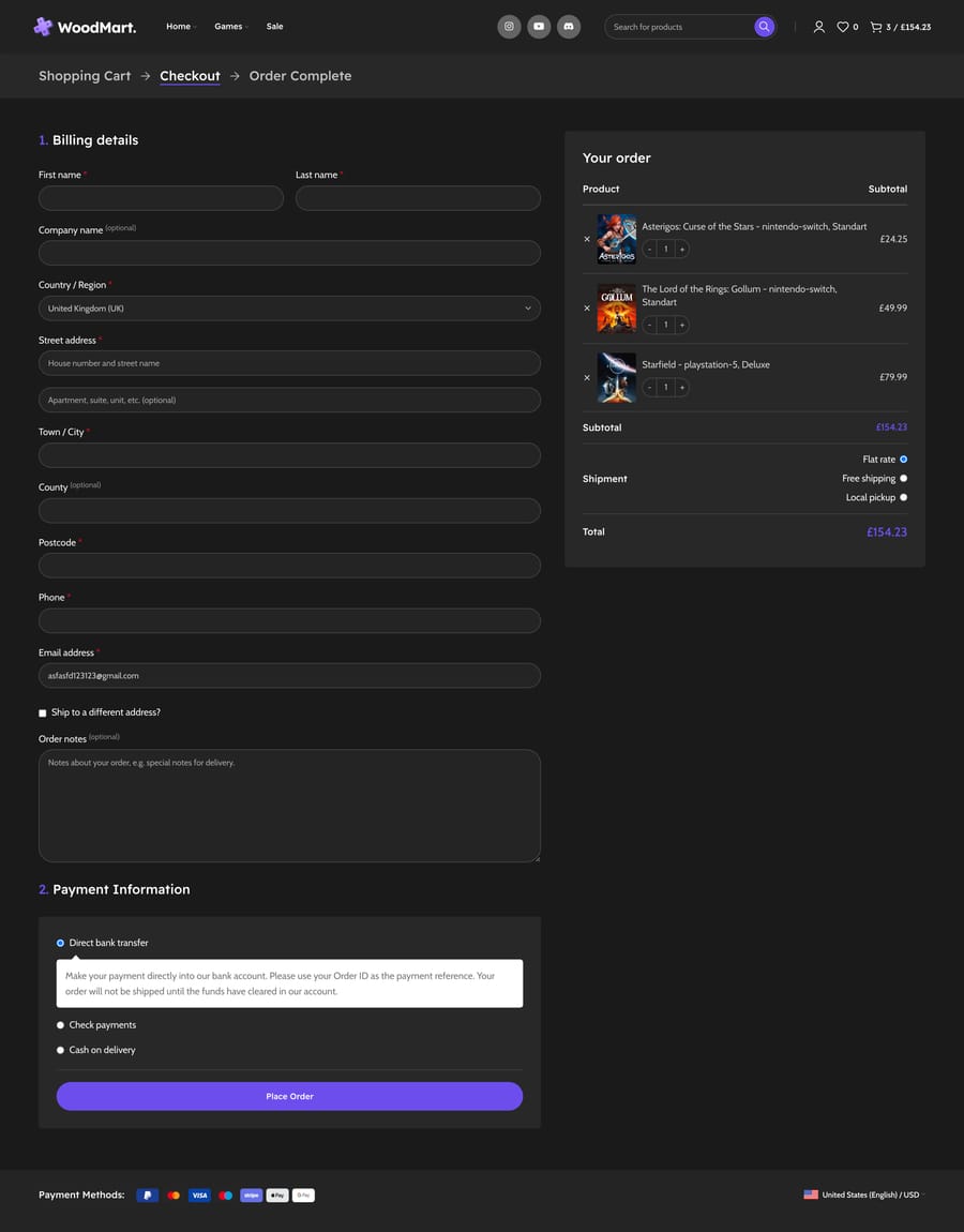 Games Dark Checkout page