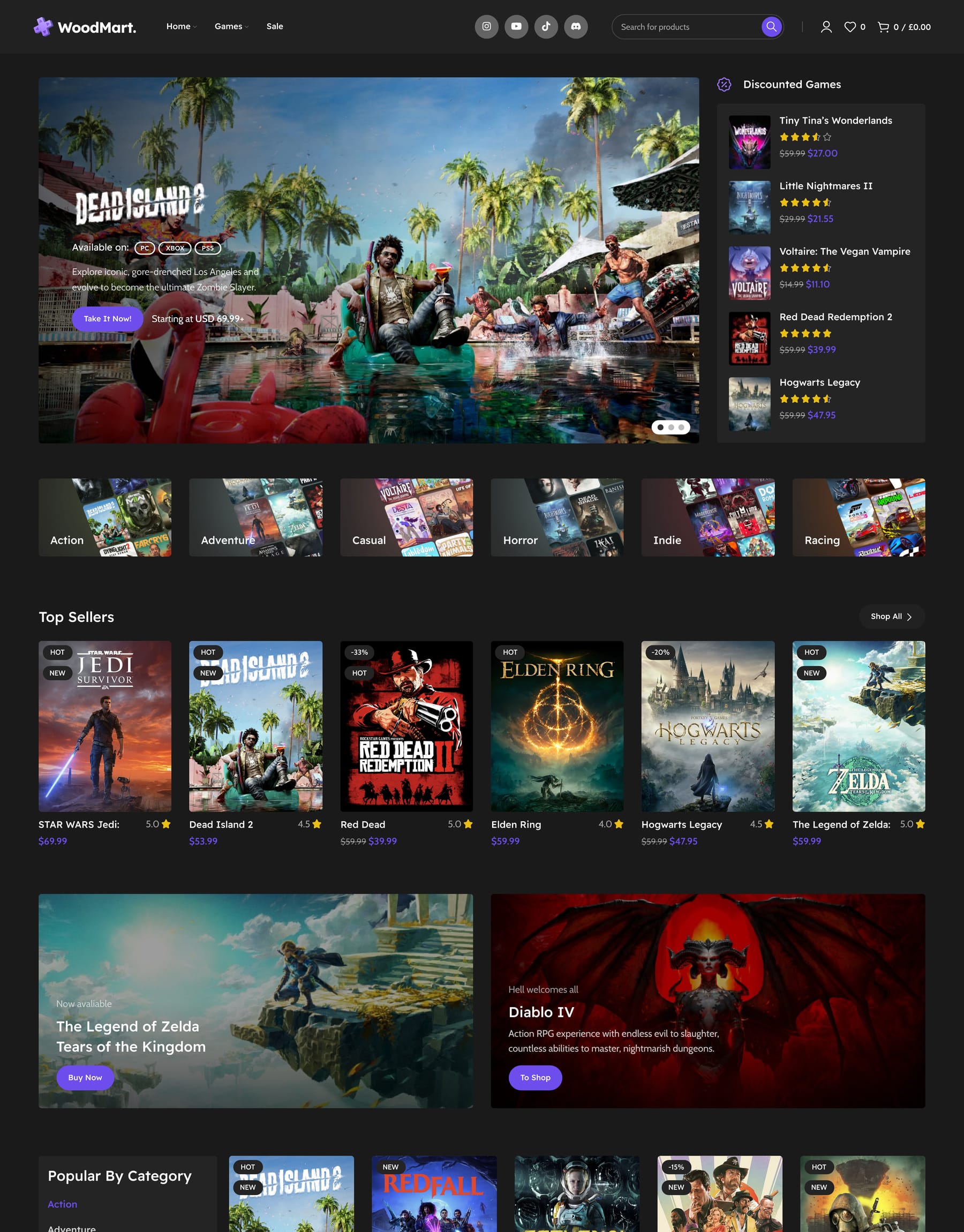 Games Dark demo home page: Dark gaming WooCommerce theme