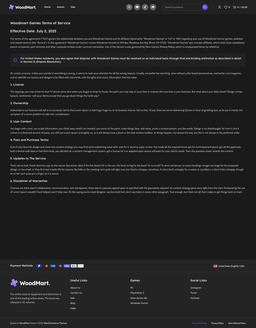 Games Dark Terms of service page