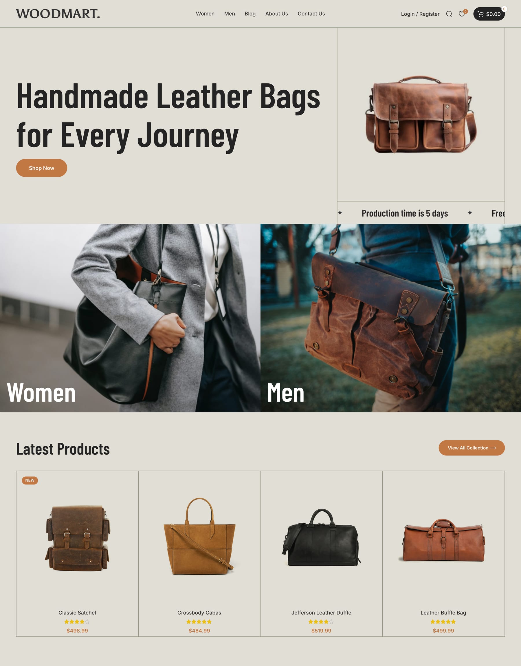 Handmade Bags demo home page: Leather bags WooCommerce theme