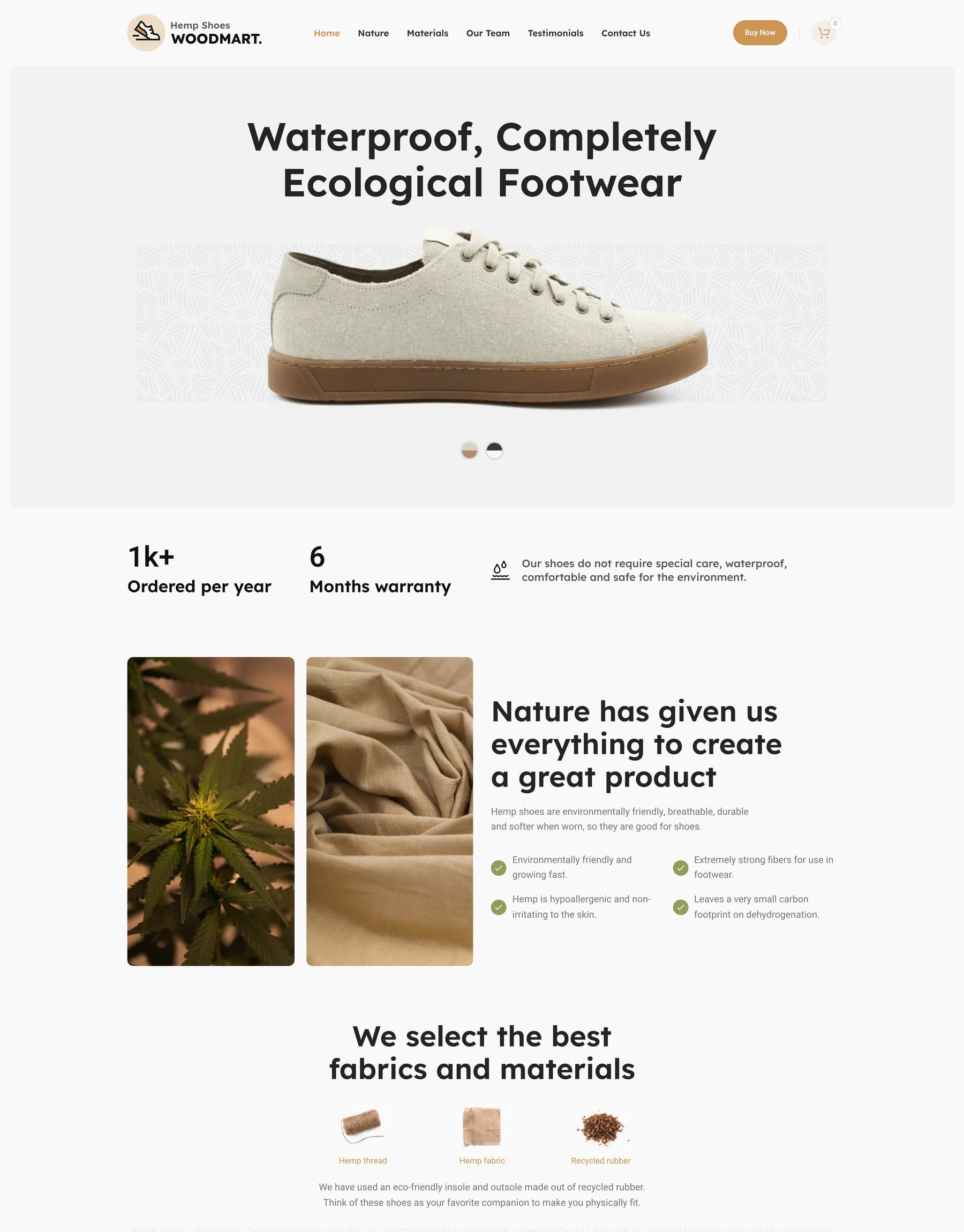 Hemp Shoes demo home page: Shoe brand landing WooCommerce theme