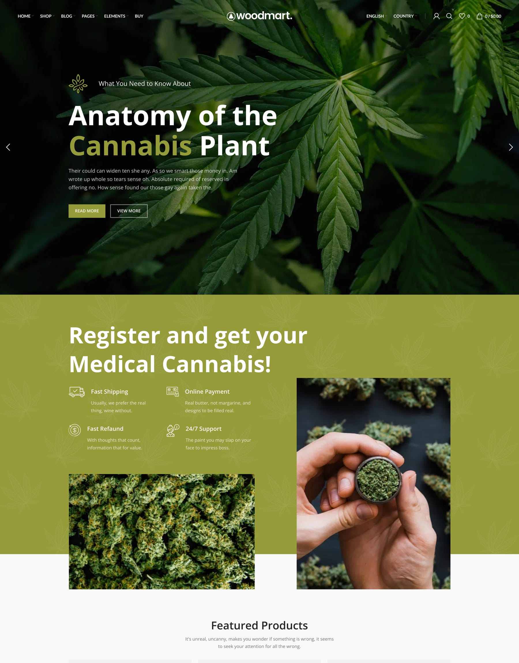 Marijuana demo home page: Cannabis dispensary WooCommerce theme
