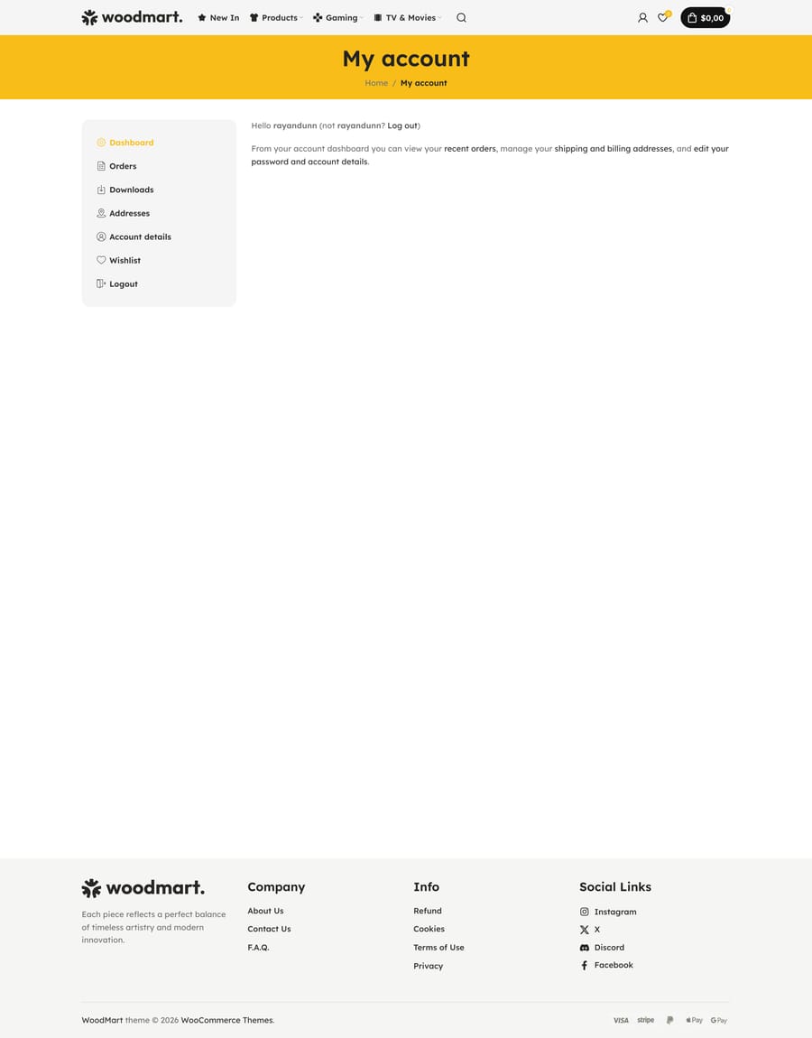 Merchandise My account page