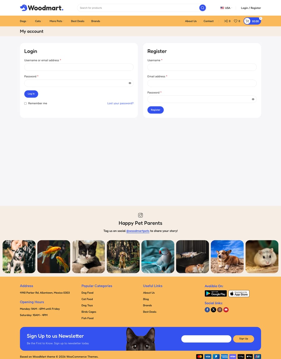Pets Login register page