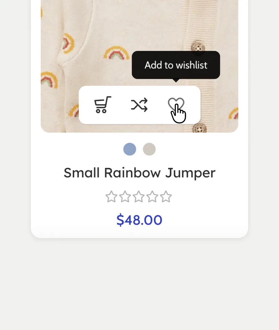 Product card with add to cart, compare and add to wishlist buttons