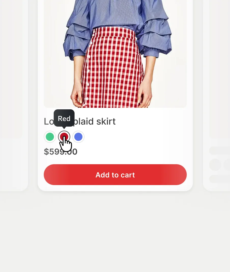 Product card with color swatches and an add to cart button in the grid