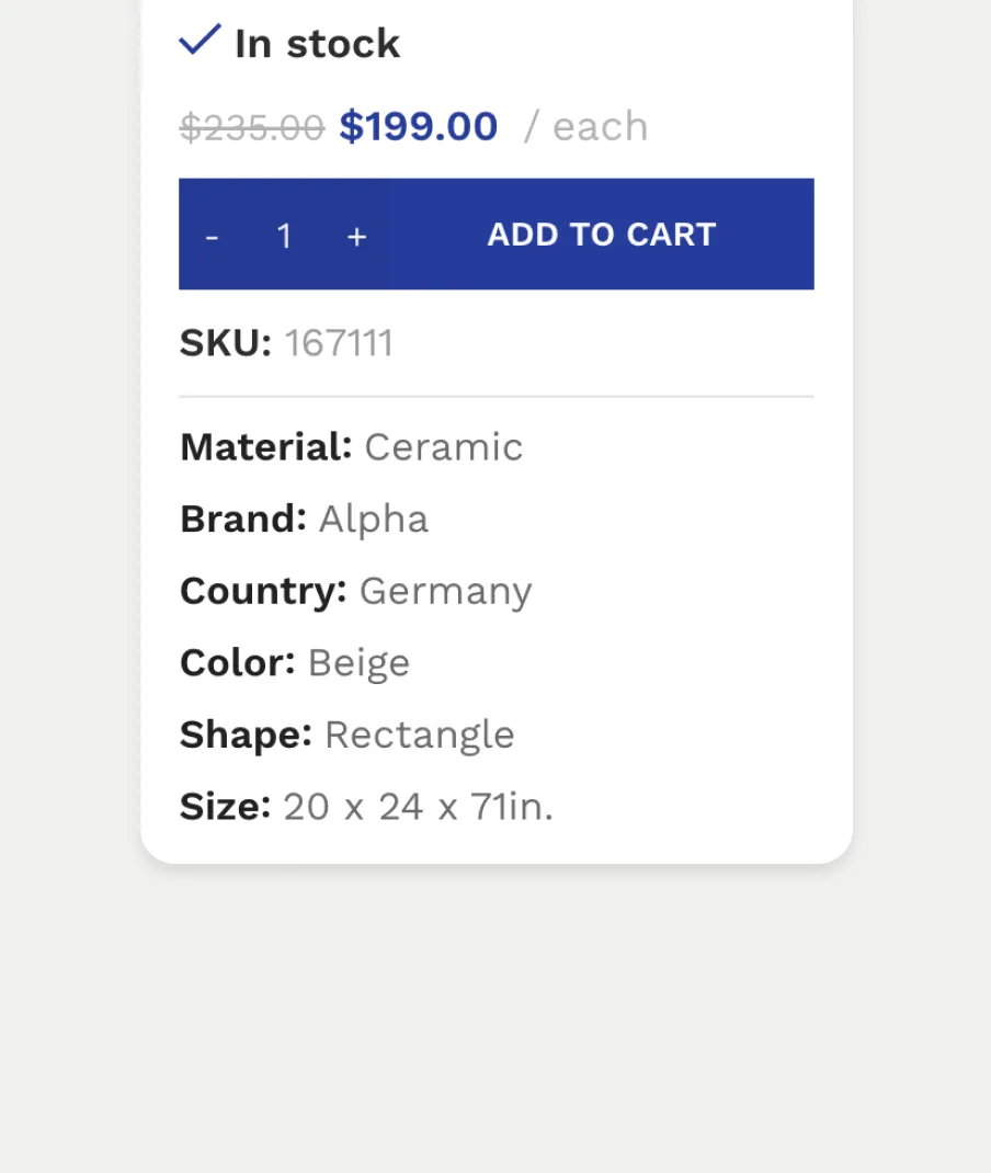 Product card listing stock status, SKU and product attributes