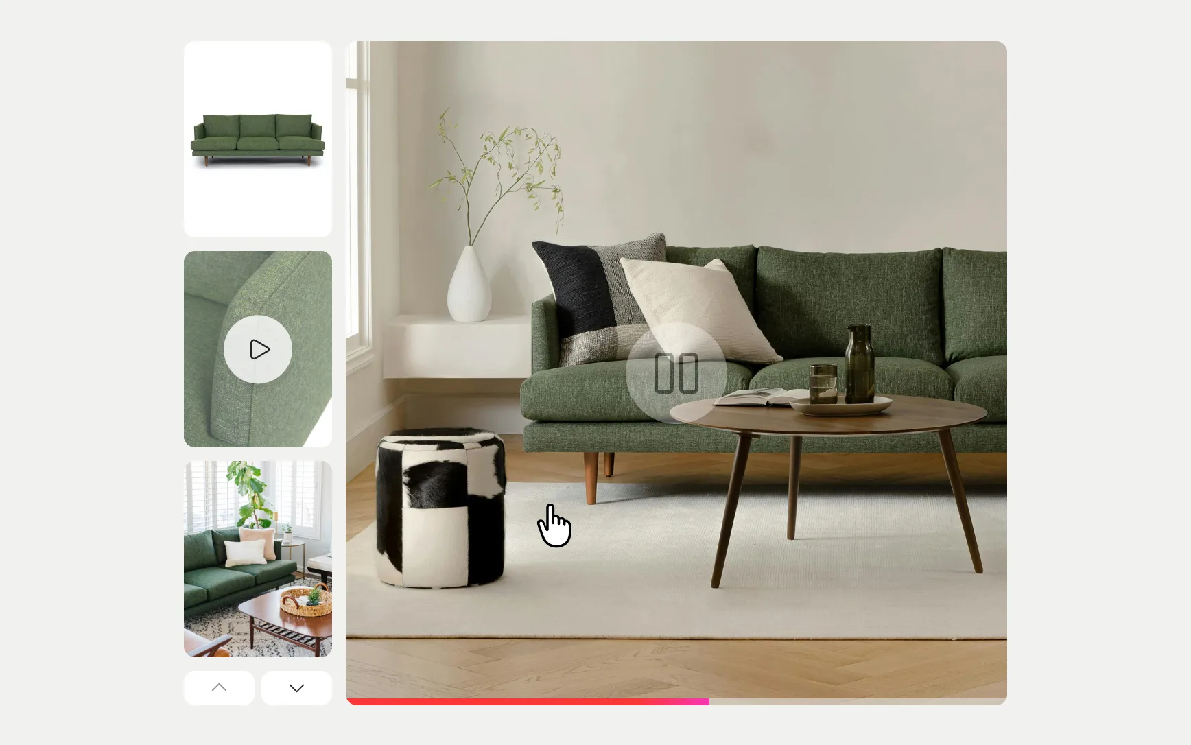 Product gallery with thumbnails, a video thumbnail and a large sofa photo with video controls
