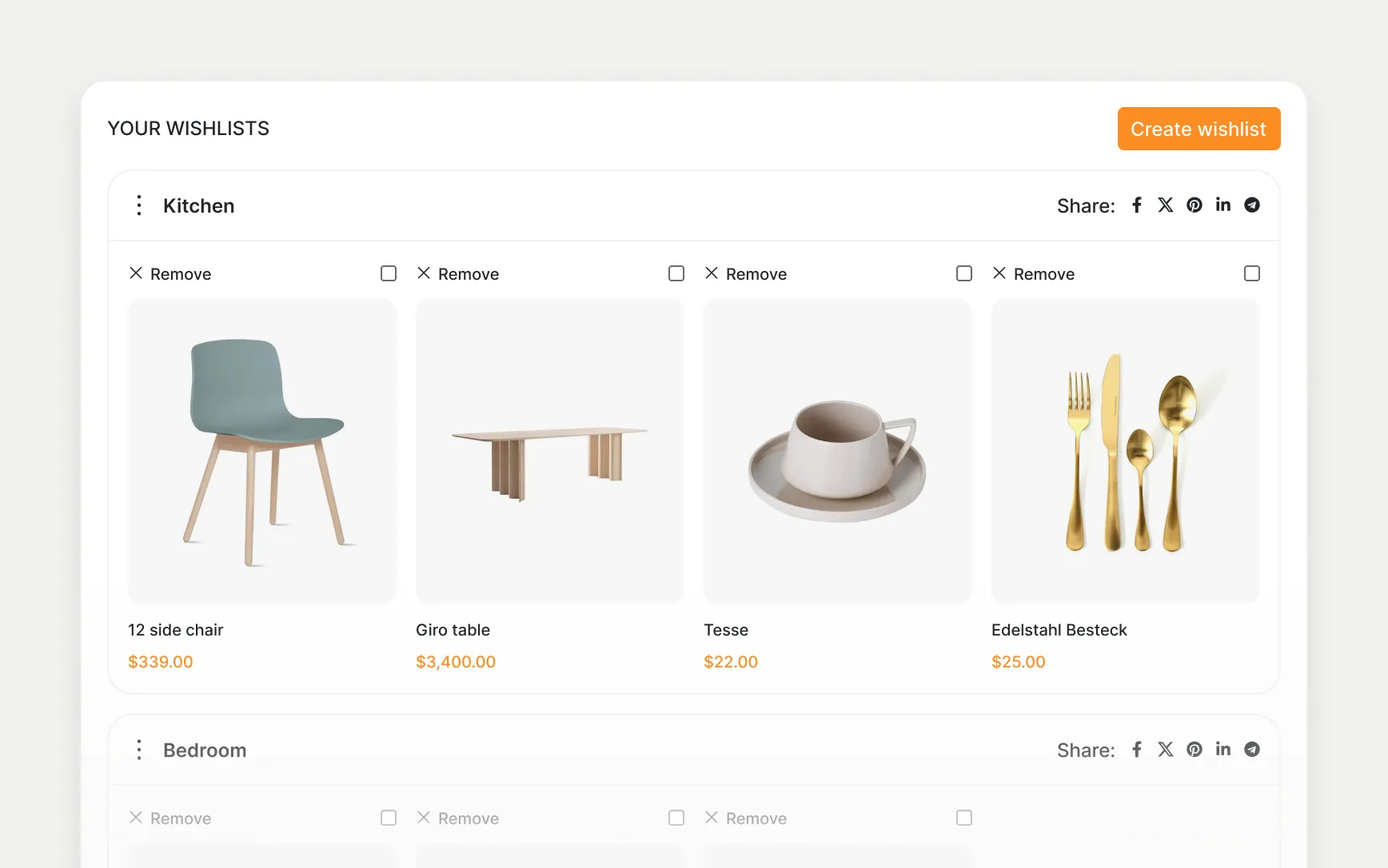Wishlist page with saved products grouped into several named lists