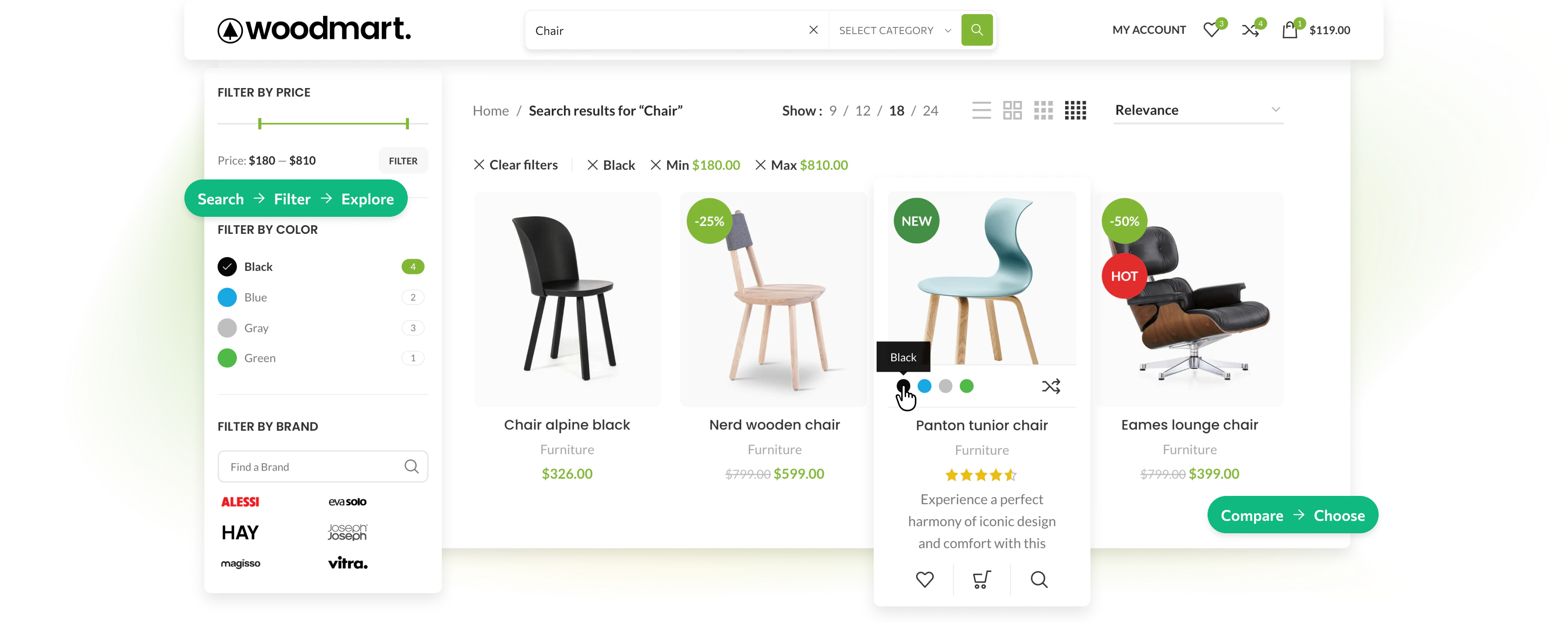 WooCommerce search results for chairs with price, color and brand filters, active filter chips and product cards with color swatches