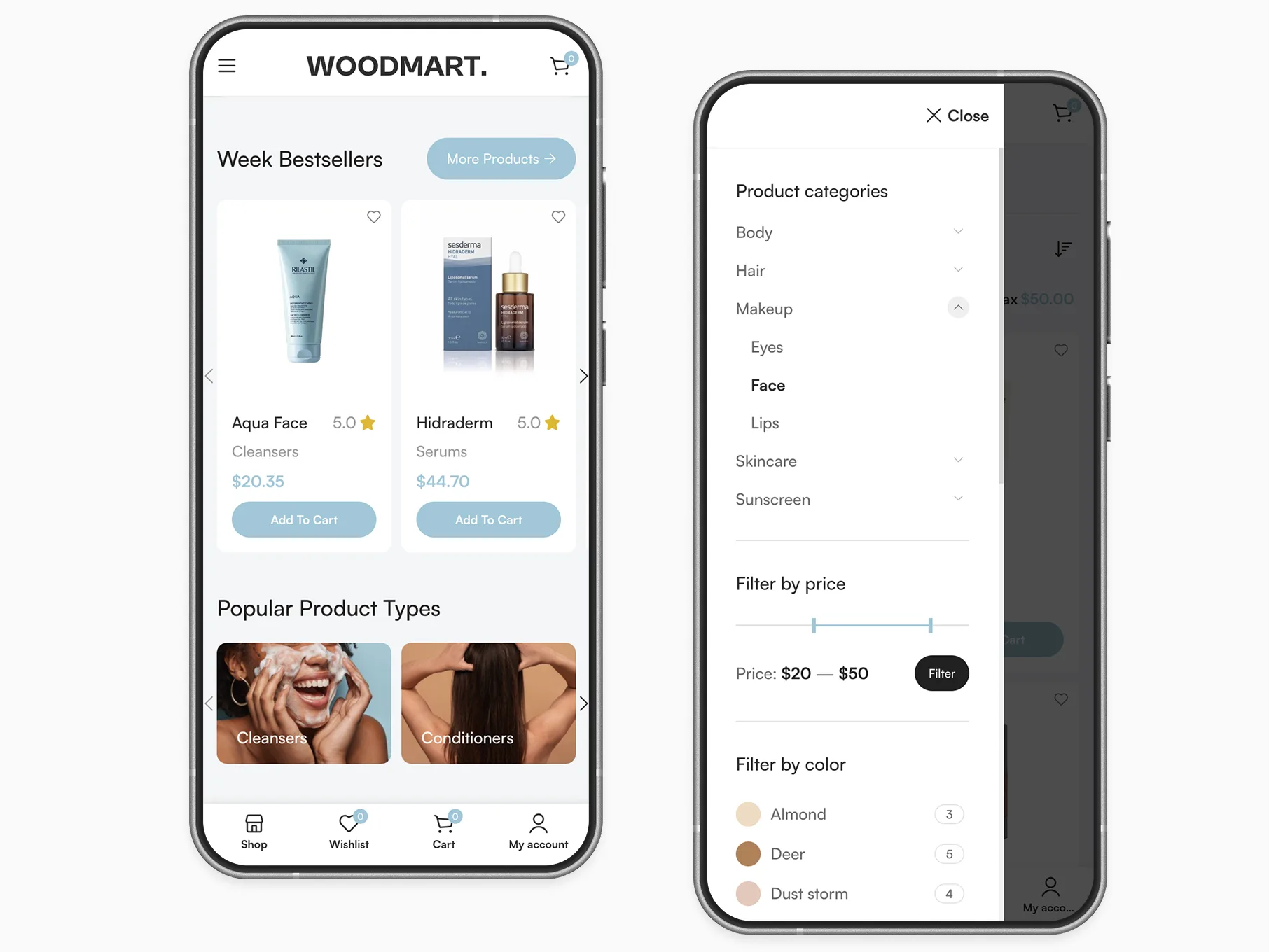 Two phones: a store home page with a bottom navbar, and an off-canvas filter panel with categories, price and color filters
