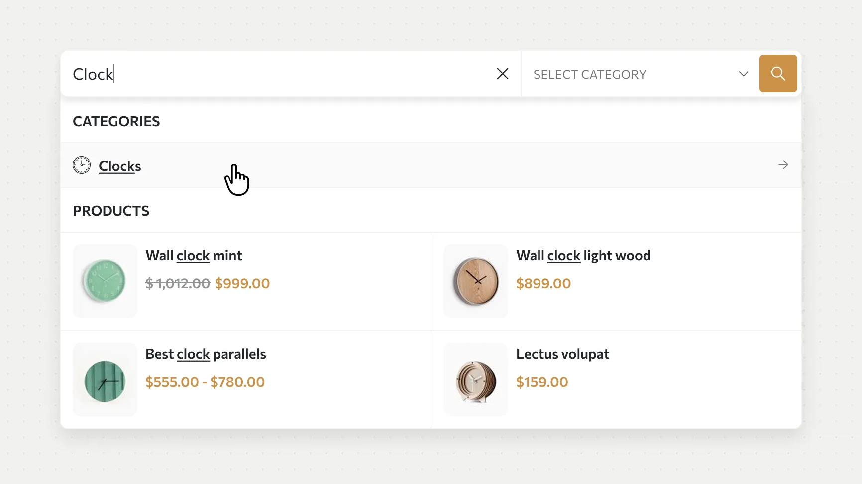 Search for clock showing a matching category and four products with thumbnails and prices