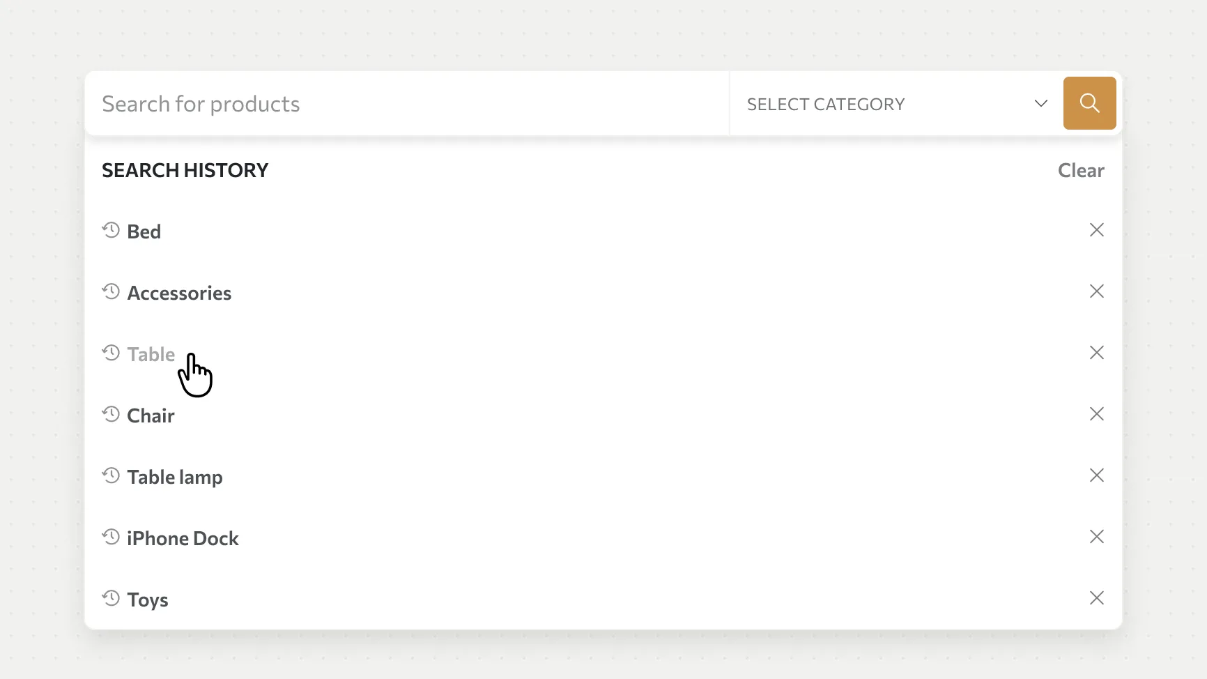 Search field opened with the shopper's recent searches listed below it
